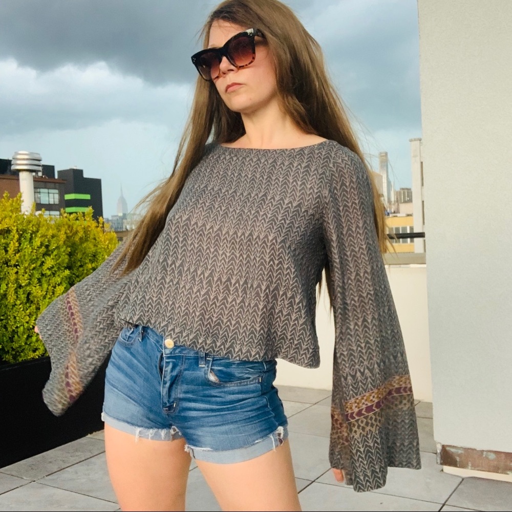 Free People Geometric Abstract Chevron Boatneck Statement Flare Bell Sleeve Top - Picture 9 of 16